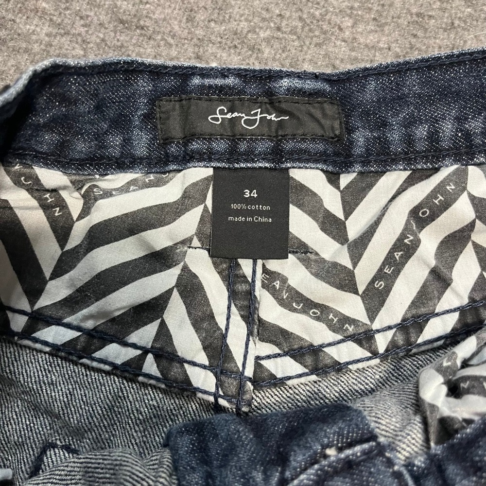 Sean John Mens Baggy Denim Shorts Dark Wash Checkerboard Pocket Size 34 Y2K 90s - Picture 3 of 4